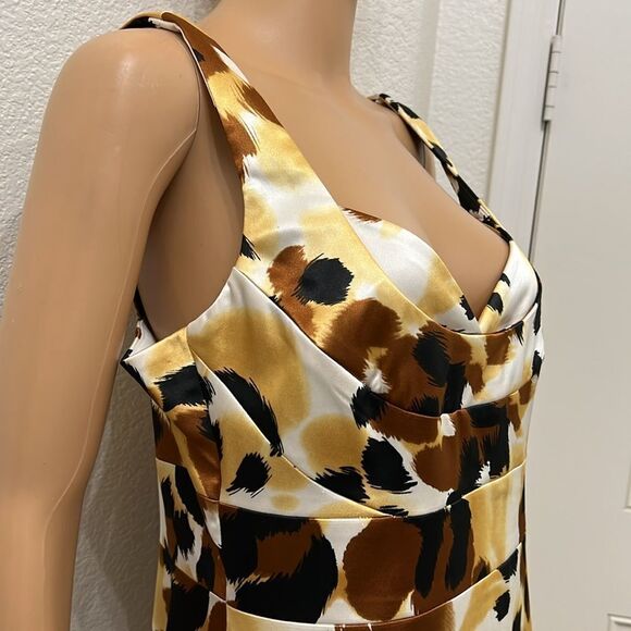 London Times Women’s Dress Sweatheart Neck Gold Brown Print Sleeveless Sheath - Picture 4 of 9